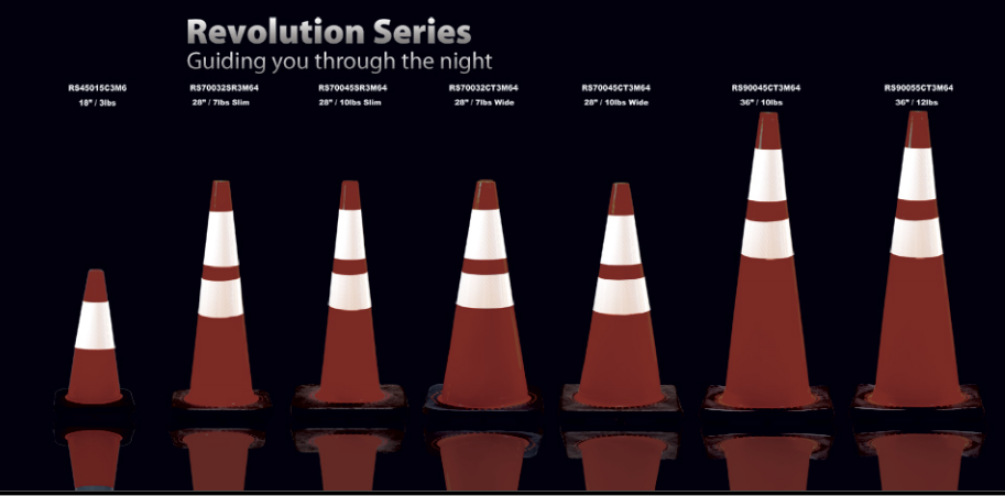 Revolution Series JBC traffic cones, powered by 3M series 3840 high intensity grade reflective sheeting